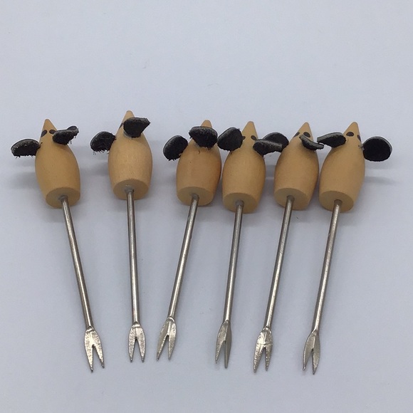 Retro Giftcraft Wooden Whimsical Cat & 6 Mice Forks - Picture 7 of 8